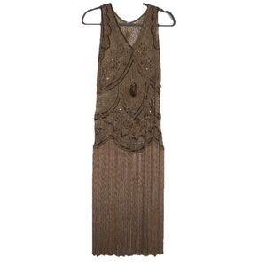 VTG Flapper Beaded Dress Gold Sleeveless Gatsby Party Sequin Fringe 20's Small